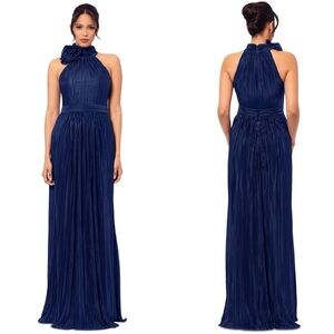 BETSY & ADAM A26571 BLUE ROSETTE PLISSE PLEAT MOCK NECK HALTER MAXI DRESS GOWN